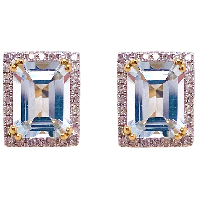 Emerald Cut Aquamarine with Diamond Halo Studs Earrings