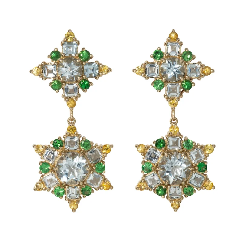 Aquamarine, Tsavorite & Yellow Sapphire 14K Gold Detachable Drop Earrings