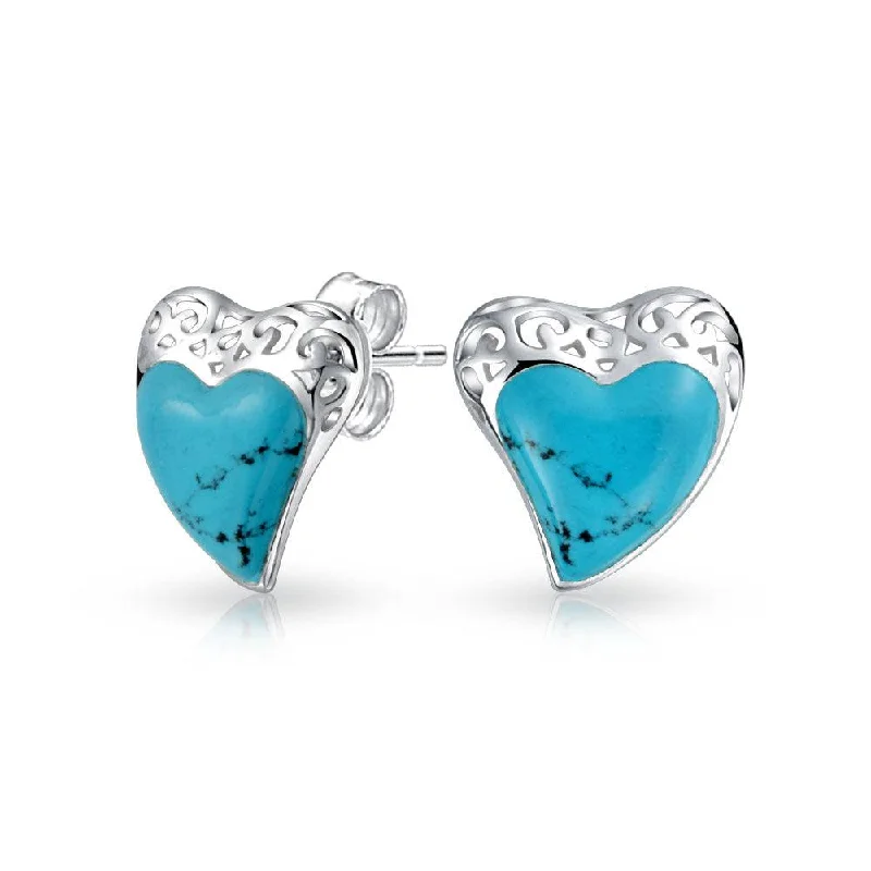 Bali Filigree Turquoise Heart Stud Earrings for Girlfriend in Sterling Silver