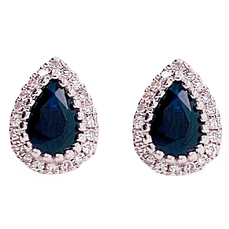 Pear Blue Sapphire Diamond Halo Stud Earrings