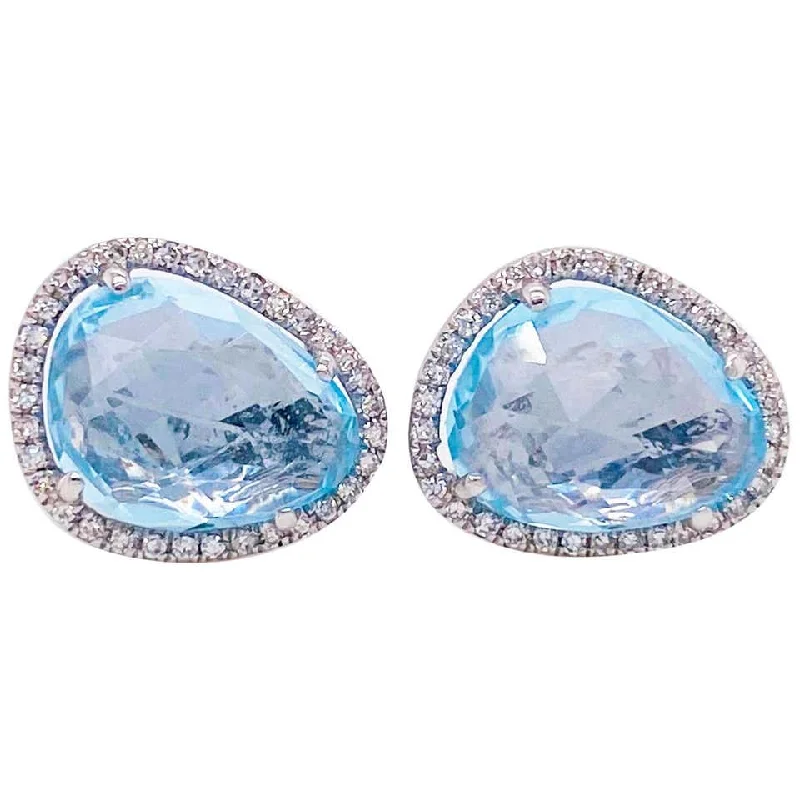 Bean Shaped Blue Topaz Diamond Halo Stud Earrings