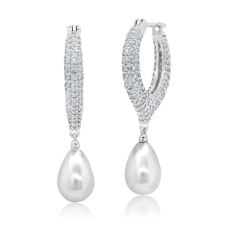 Crislu Shell Pearl and Cubic Zirconia Earrings in Platinum Plated Sterling Silver