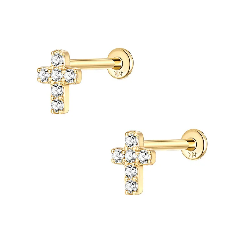 Solid Gold Cross Gold Flat Back Earrings