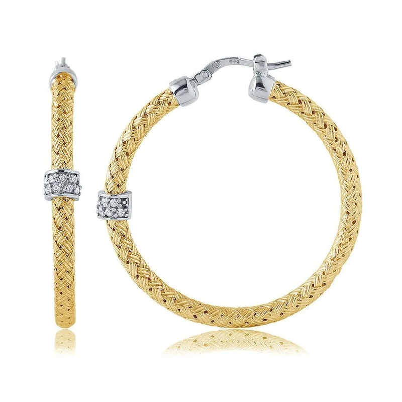 CZ Gold Plated Silver 3mm Mesh Hoop Earrings 35mm