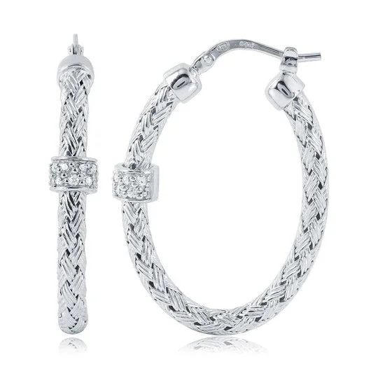 CZ Rhodium Plated Silver 3mm Mesh Oval Hoop Earrings