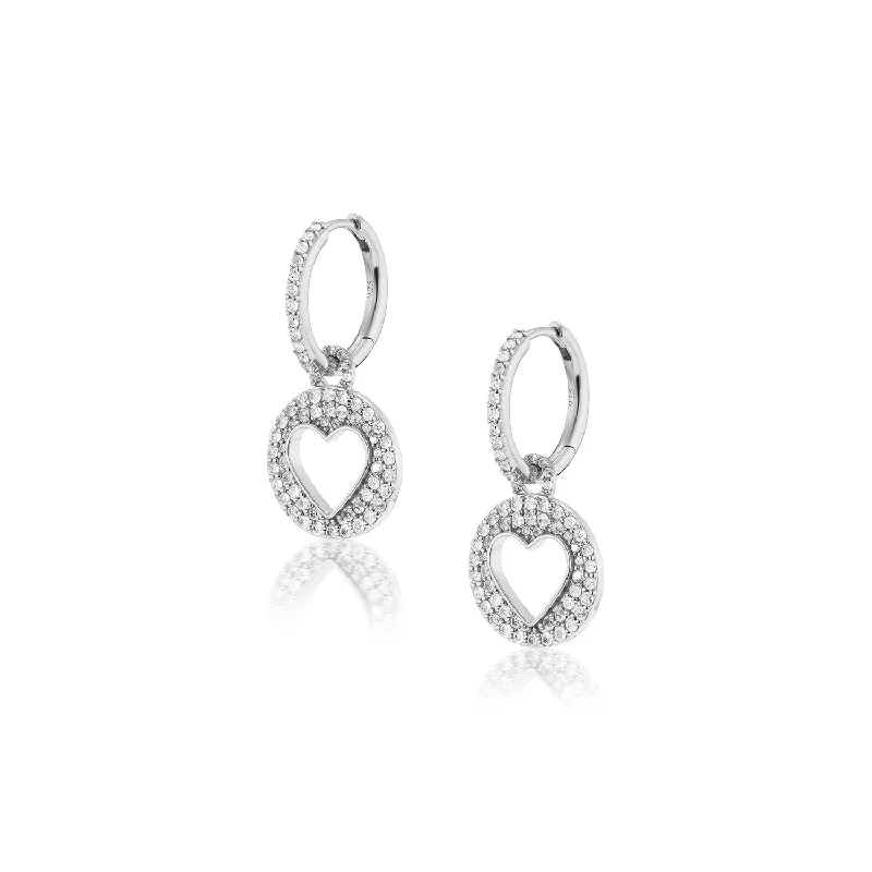 Diamond Open Heart Charm Drops on Diamond Huggie Hoop Earrings