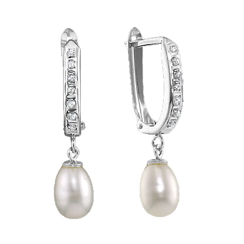 Diamond Fascination 14KT White Gold Pearl Diamond Accent Drop & Dangle Earrings