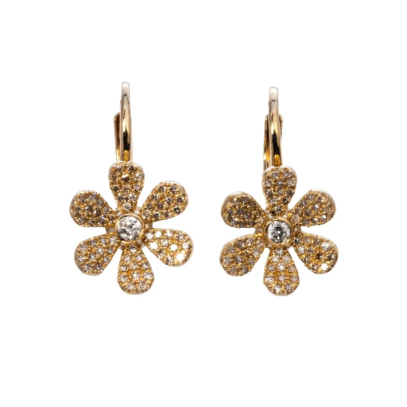 Diamond Pavé Flower 14K Yellow Gold Leverback Earrings