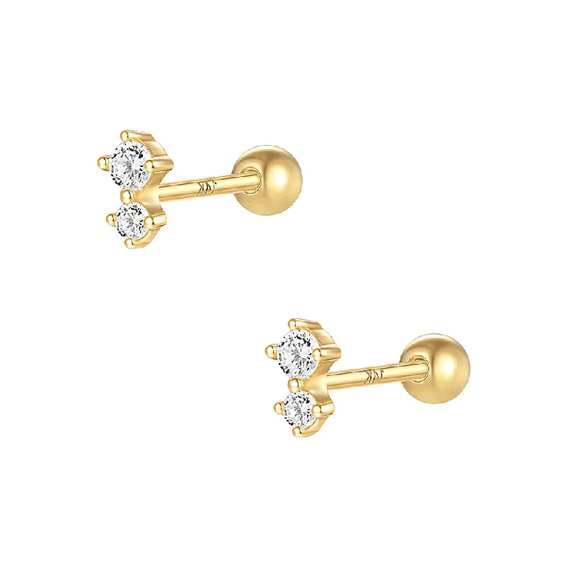 14k GOLD Solid Gold Double CZ Diamond Ball Back Earrings