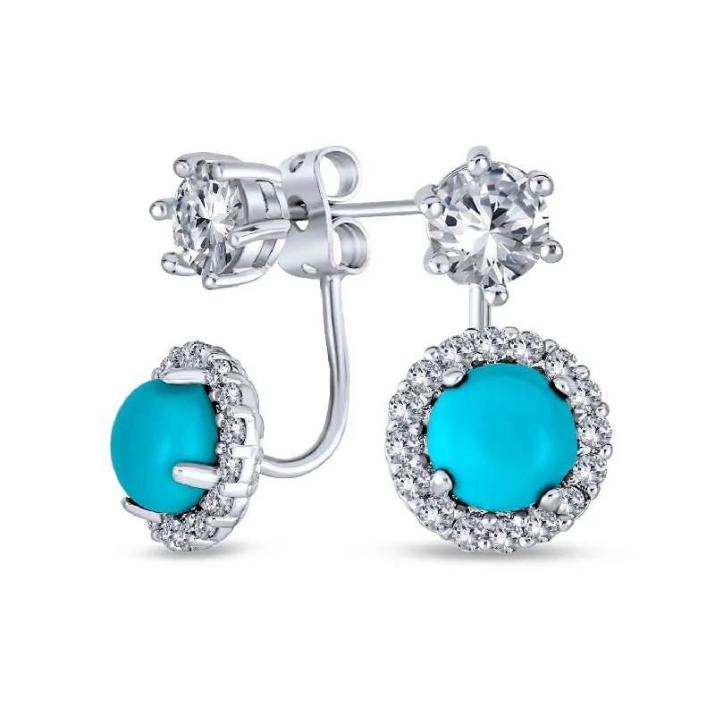 Simulated Pearl Turquoise CZ Earring Jacket Studs Silver Plated Halo Design