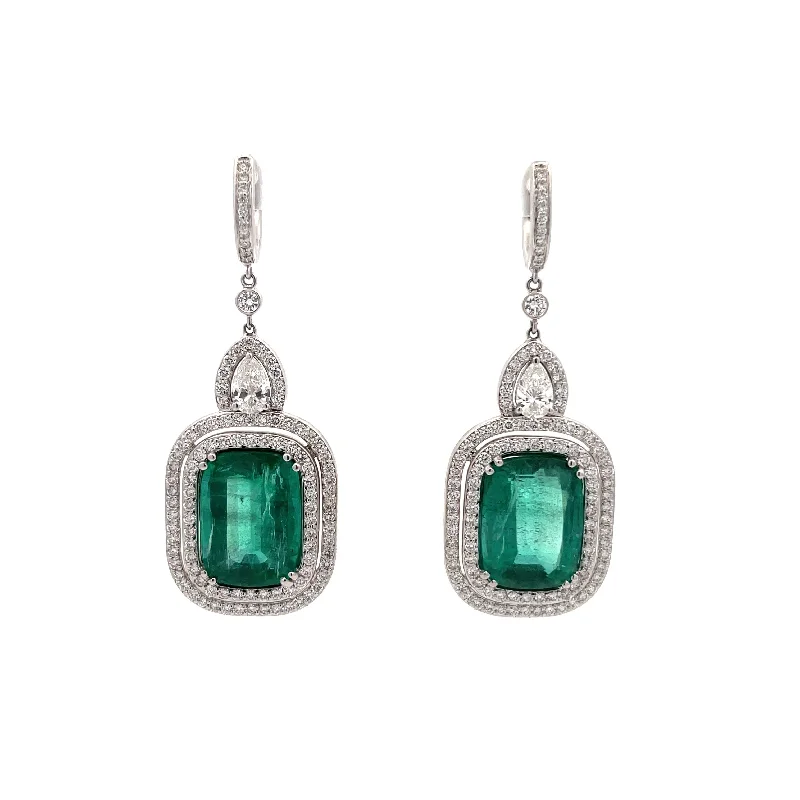 Emerald And Diamond Halo Drop Earrings