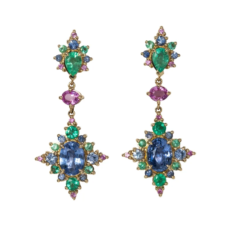 Emerald, Blue & Pink Sapphire 14K Yellow Gold Drop Earrings