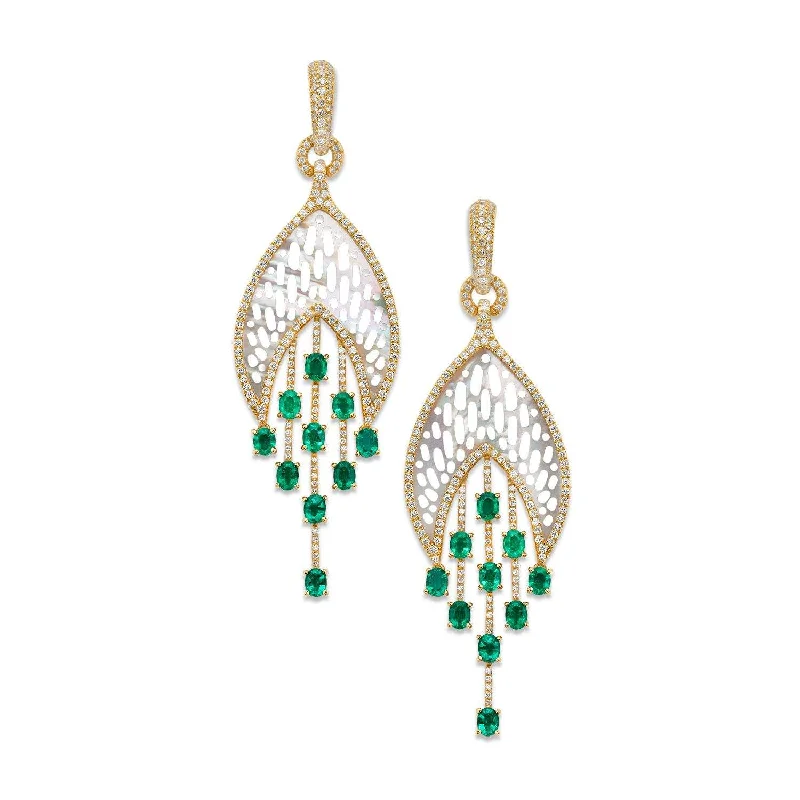 Emerald, Diamond, And Mother Of Pearl Drop Earrings