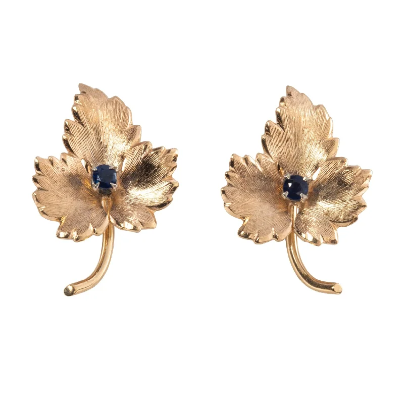 Estate 14K Yellow Gold Sapphire Leaf Earrings