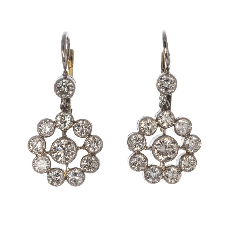 Estate 2ct Round Brilliant Diamond Cluster Drop Earrings