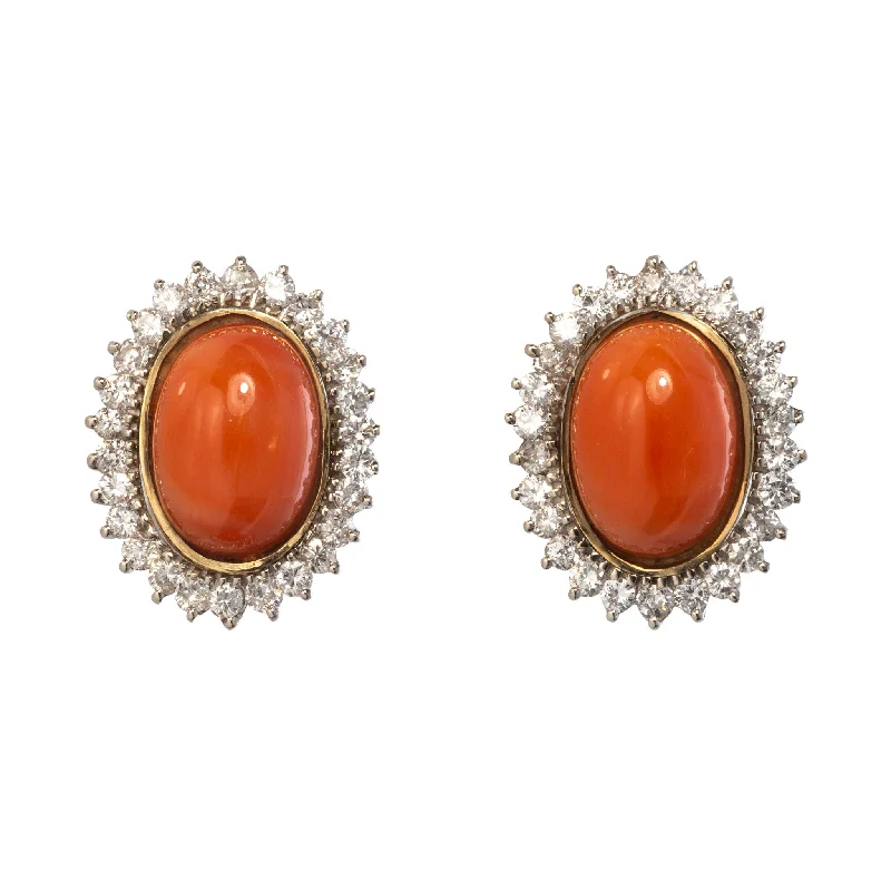 Estate Coral Cabochon & Diamond 14K Gold Earrings