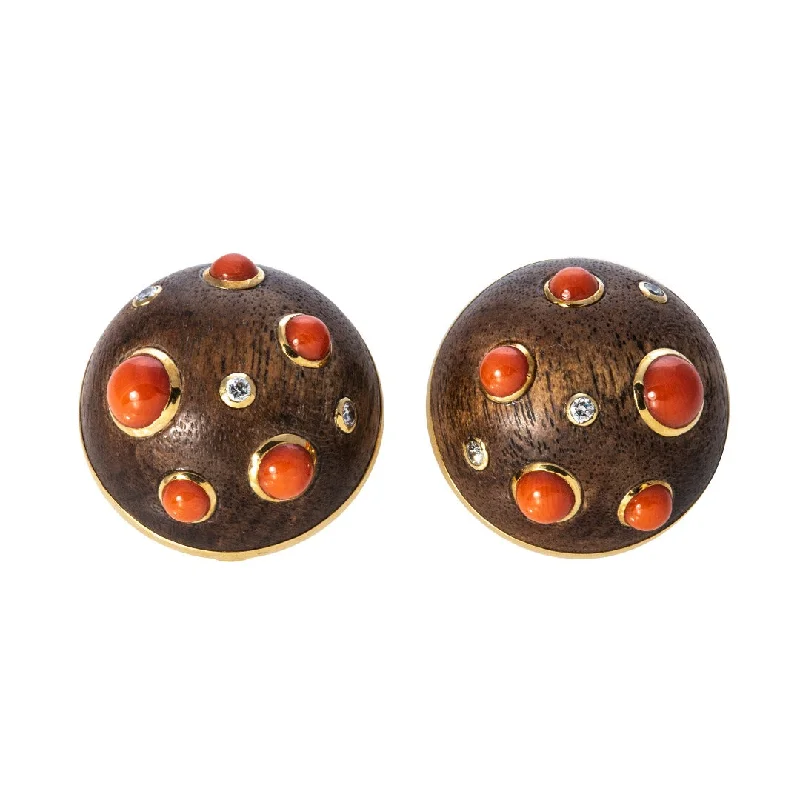 Estate Trianon Wood, Coral & Diamond 18K Gold Earrings