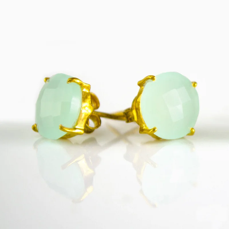 Aqua Chalcedony Round Prong Set Stud Earrings - March Birthstone