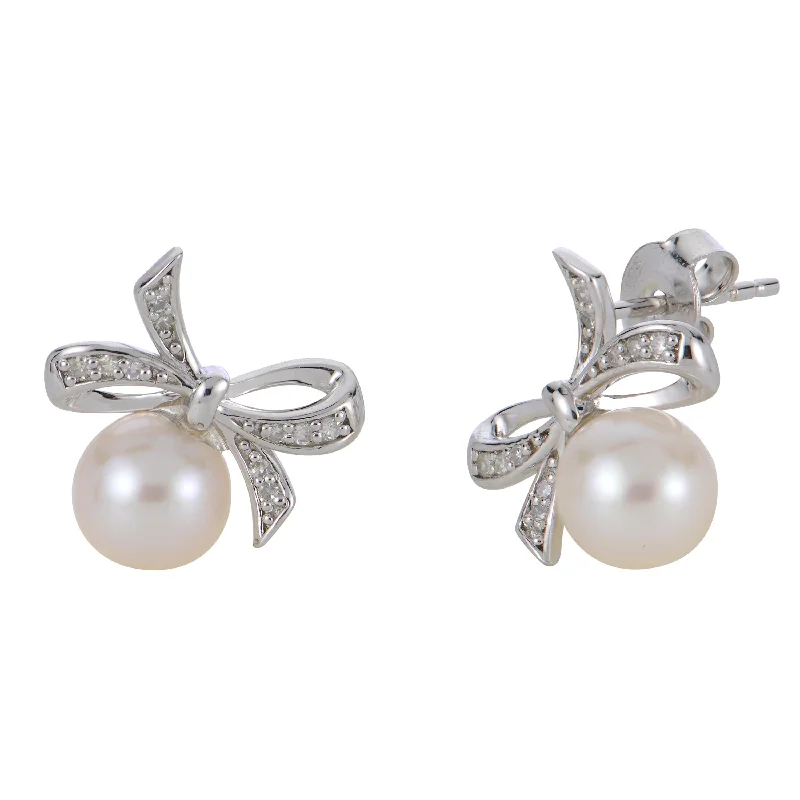 Freshwater Pearl & Diamond Bow Sterling Silver Earrings