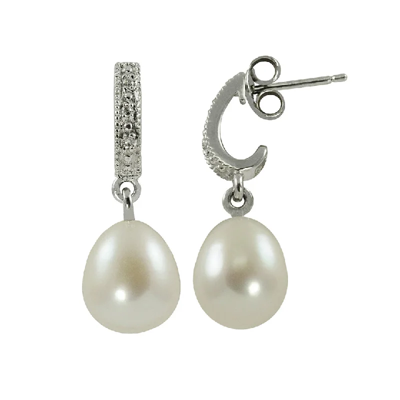 Freshwater Pearl & Diamond Sterling Silver Drop Earrings