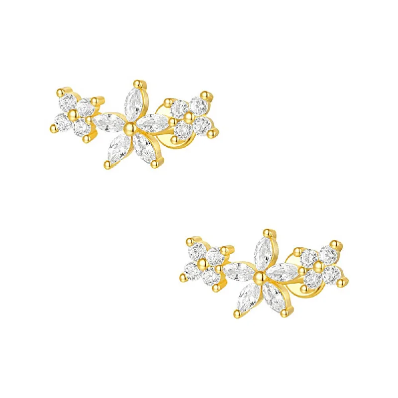 925 Silver Three Flower CZ Diamond Flat Back Earrings