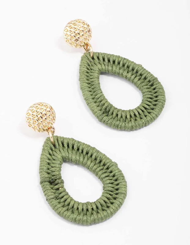 Gold & Green Oval Raffia Stud Drop Earrings