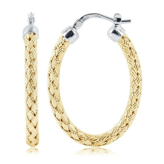 Gold Plated Silver 3mm Mesh Oval Hoop Earrings