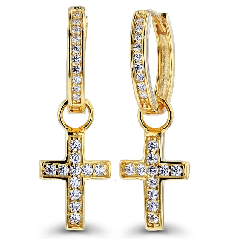 Luxe Layers 14KT Yellow Gold Plated Sterling Silver Round Cubic Zirconia 9X30MM Cross Hoop Drop & Dangle Earrings