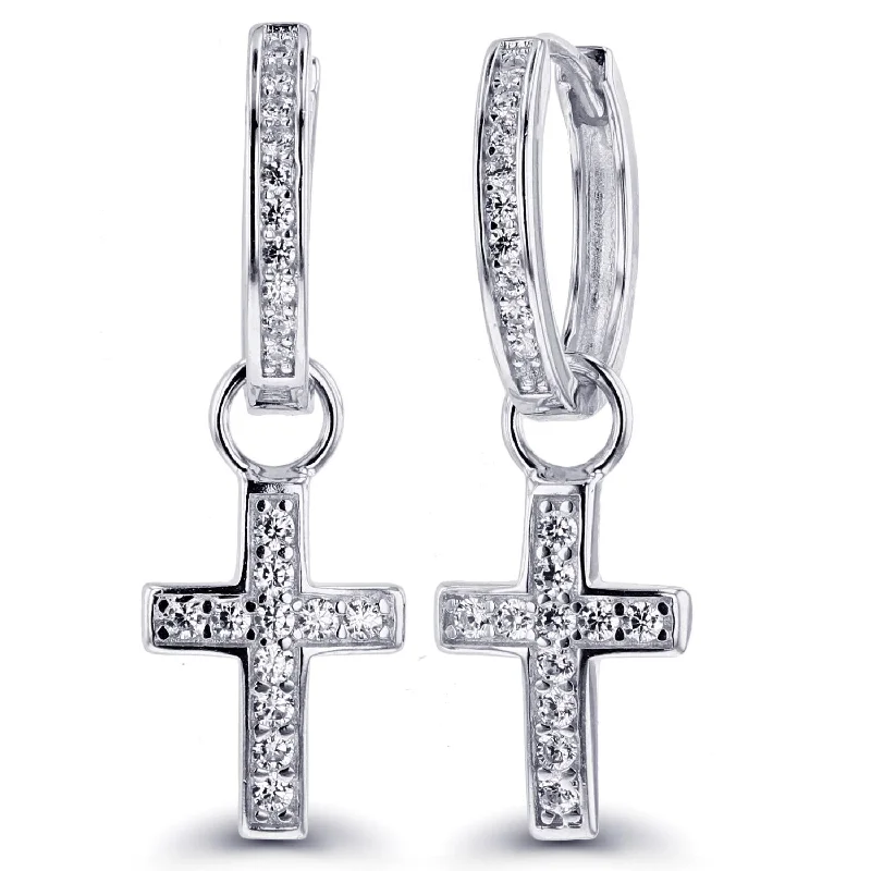 Luxe Layers Rhodium Plated Sterling Silver Round Cubic Zirconia 9X30MM Cross Hoop Drop & Dangle Earrings