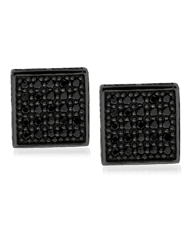 Men's Ruthenium Plated Sterling Silver Black Cubic Zirconia Square Stud Earrings