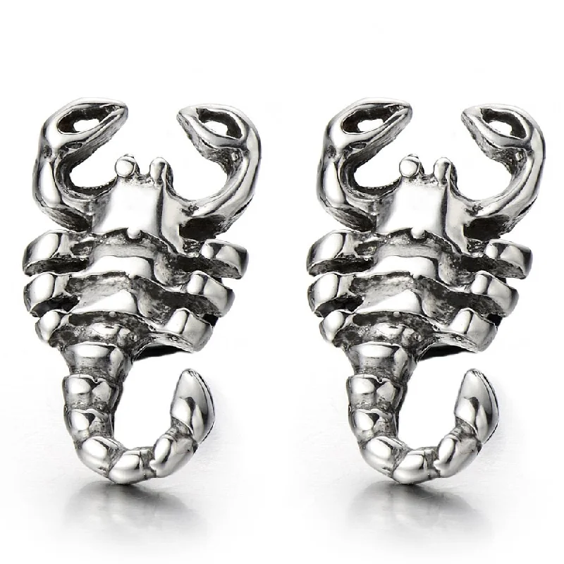 Mens Scorpion King Stud Earrings in Stainless Steel Gothic Biker Punk Rock, Screw Back, 2 Pcs