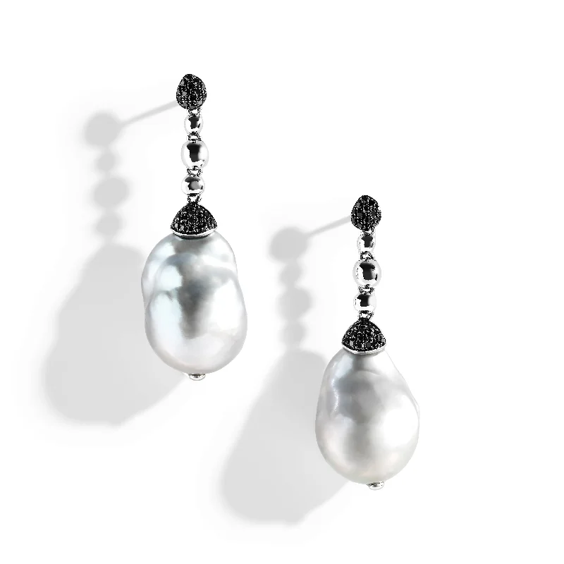 Molten Drop Earrings w/ Grey Pearl & Diamonds in Sterling Silver