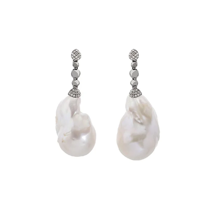 Molten Drop Earrings w/ Pearl & Diamonds in Sterling Silver