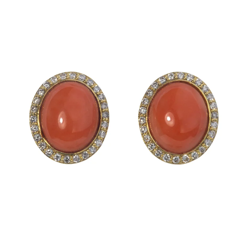 Oval Cabochon Coral & Diamond 14K Yellow Gold Earrings