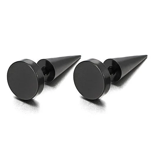 Pair of 8MM Black Circle Stud Earrings in Stainless Steel for Men and Women, Featuring Spiked Screw Back for a Bold, Edgy Look