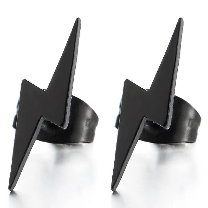 Pair Black Stainless Steel Lightning Bolt Stud Earrings for Men and Women