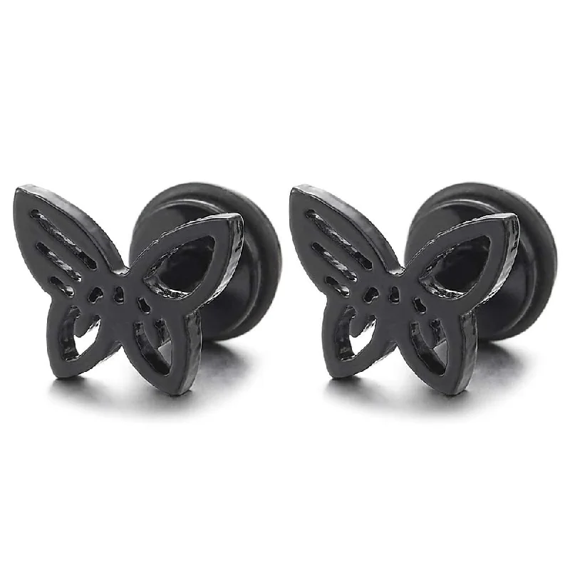 Pair Womens Stainless Steel Black Butterfly Stud Earrings, Screw Back, Exquisite