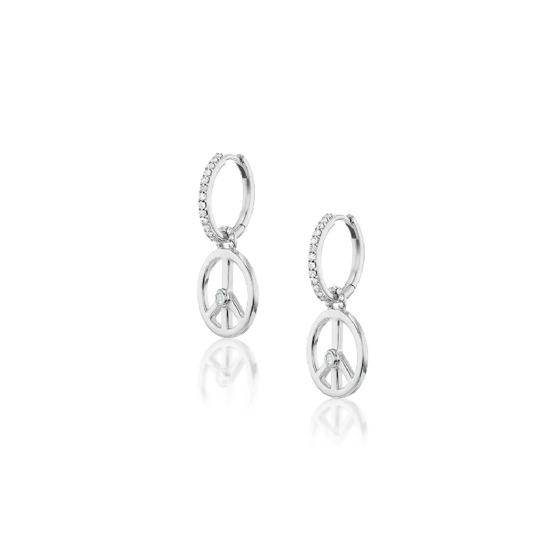 Peace Sign Charm Drops on Diamond Huggie Hoop Earrings