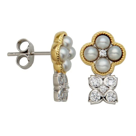 Pearl & CZ Gold Plated Silver Post Drop Earrings