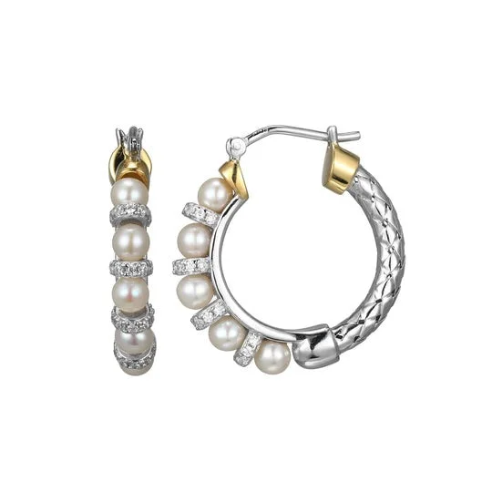 Pearl & CZ Rhodium Plated Silver Hoop Earrings 22mm