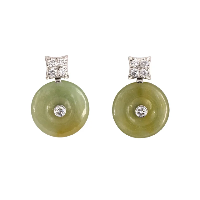 Diamond & Green Jadeite Pi Disc Drop Earrings