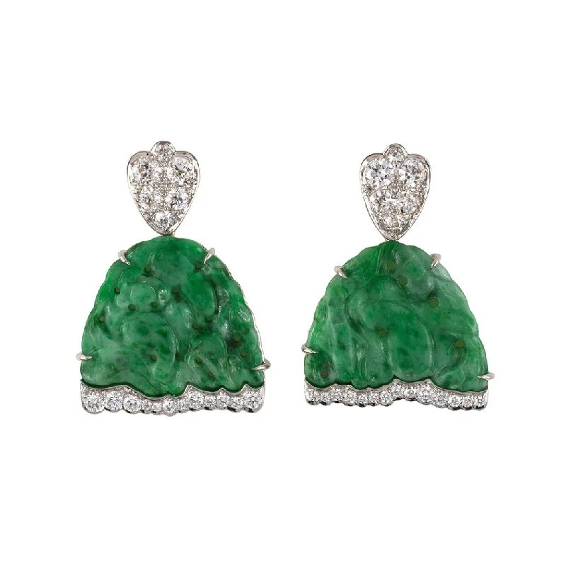 Carved Jadeite Umbrella & Diamond Dangle Drop Earrings