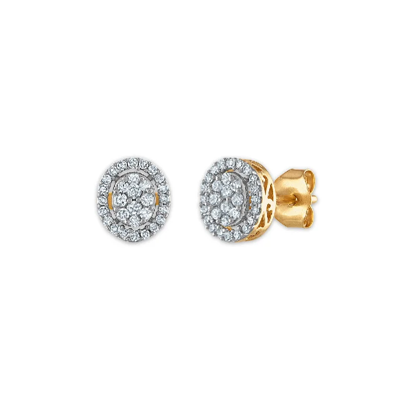 Red Hot Deal 1/4 CTW Diamond Halo Cluster Stud Oval Shape Earrings in 10KT Yellow Gold