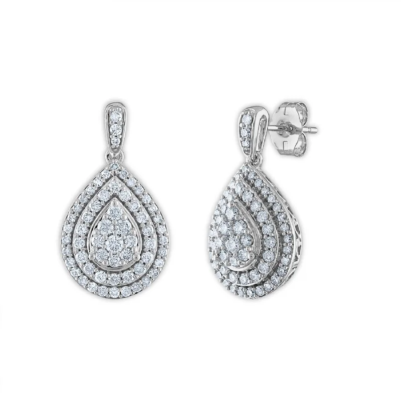 Red Hot Deal 3/4 CTW Diamond Drop & Dangle Cluster Double Halo Pear Shape Earrings in 10KT White Gold