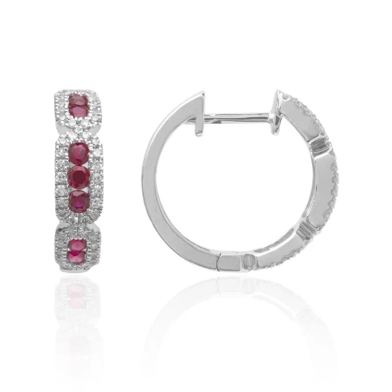 Ruby & Diamond 14K White Gold Huggie Earrings