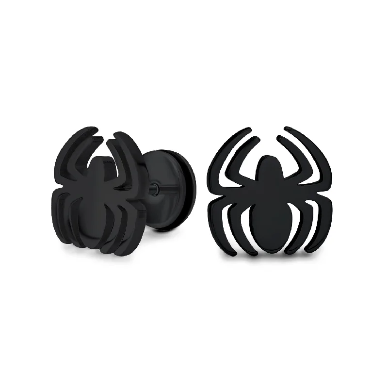 Silver Tone Black Widow Spider Ear Plug Illusion Stud Earrings Surgical Steel 16G