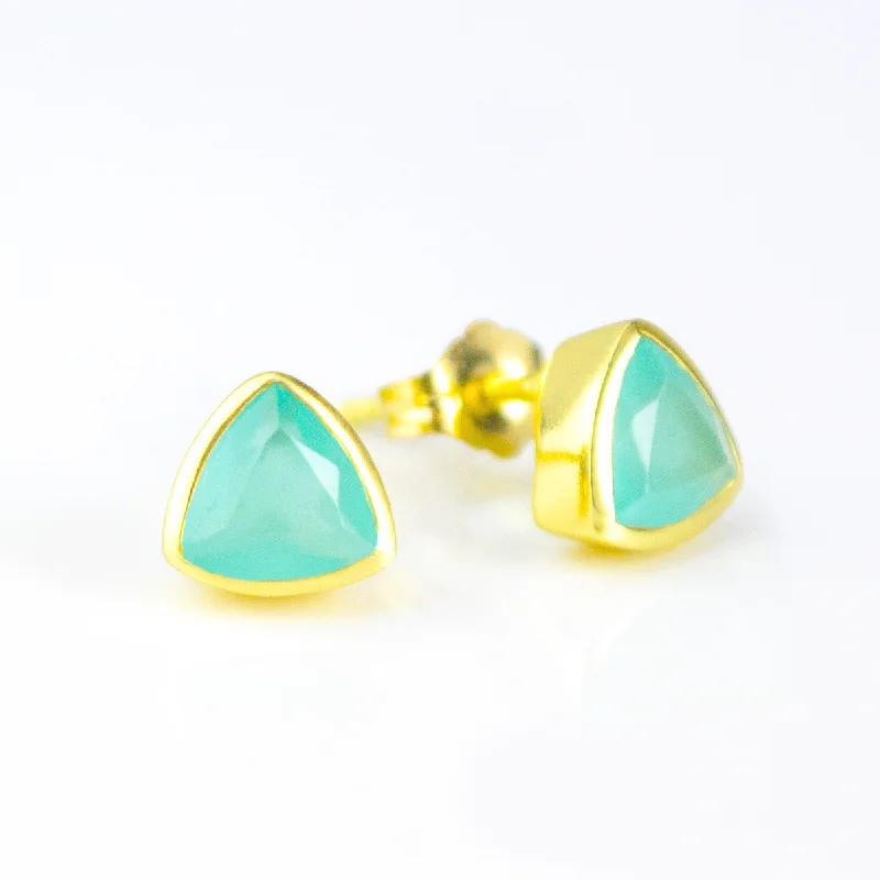 Minimalist Aquamarine Chalcedony Triangle Studs • March Birthstone