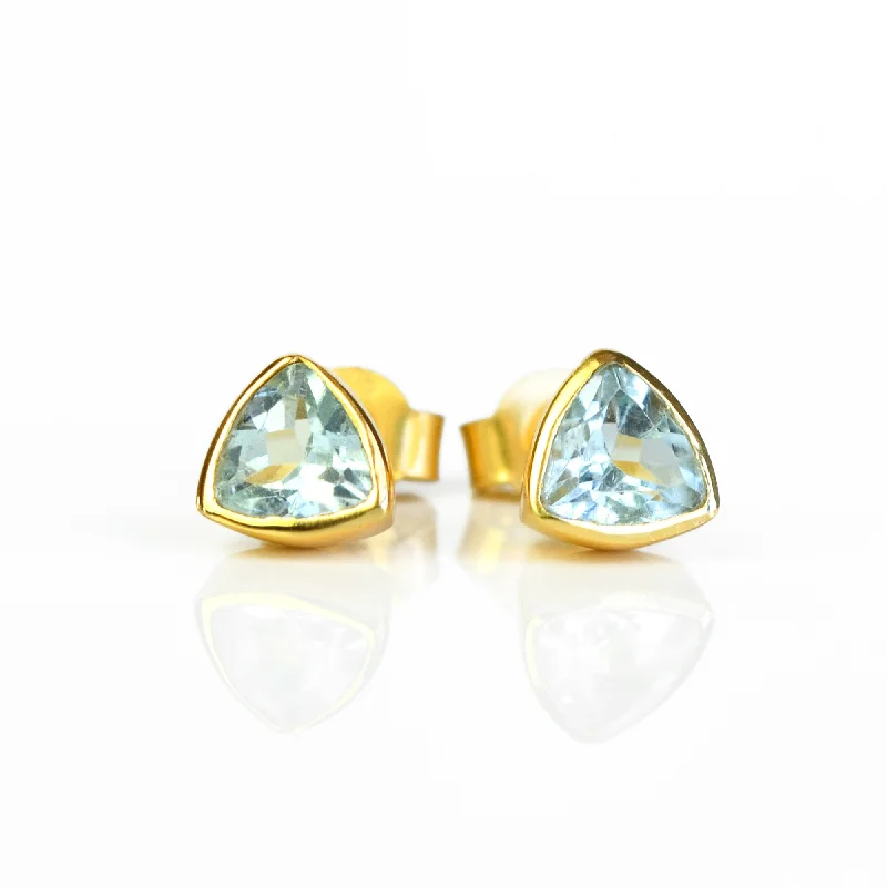 Minimalist Sky Blue Topaz Triangle Studs • December Birthstone