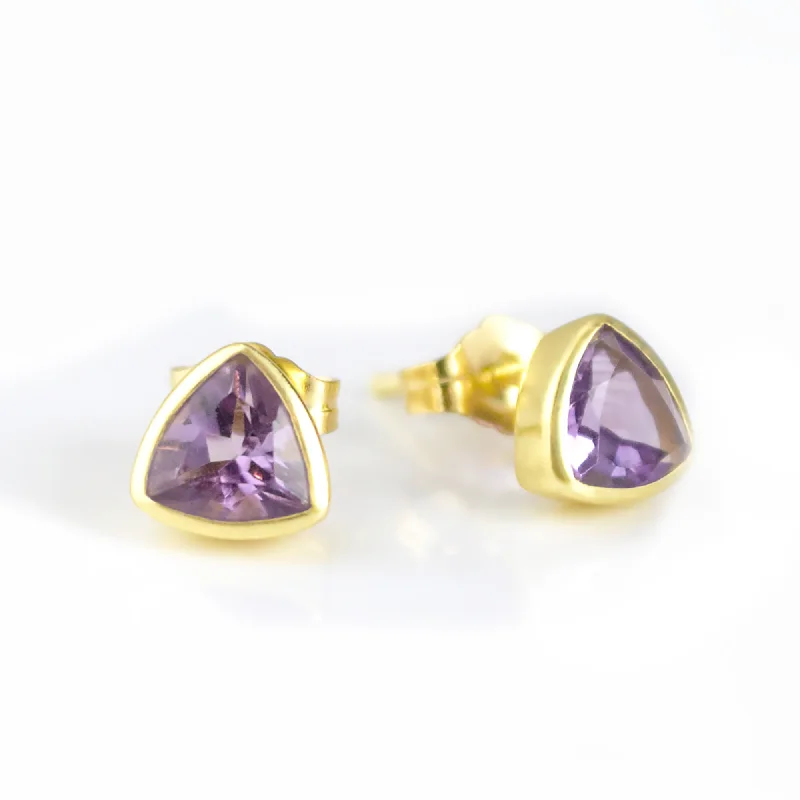 Minimalist Purple Amethyst Triangle Studs • February Birthstone