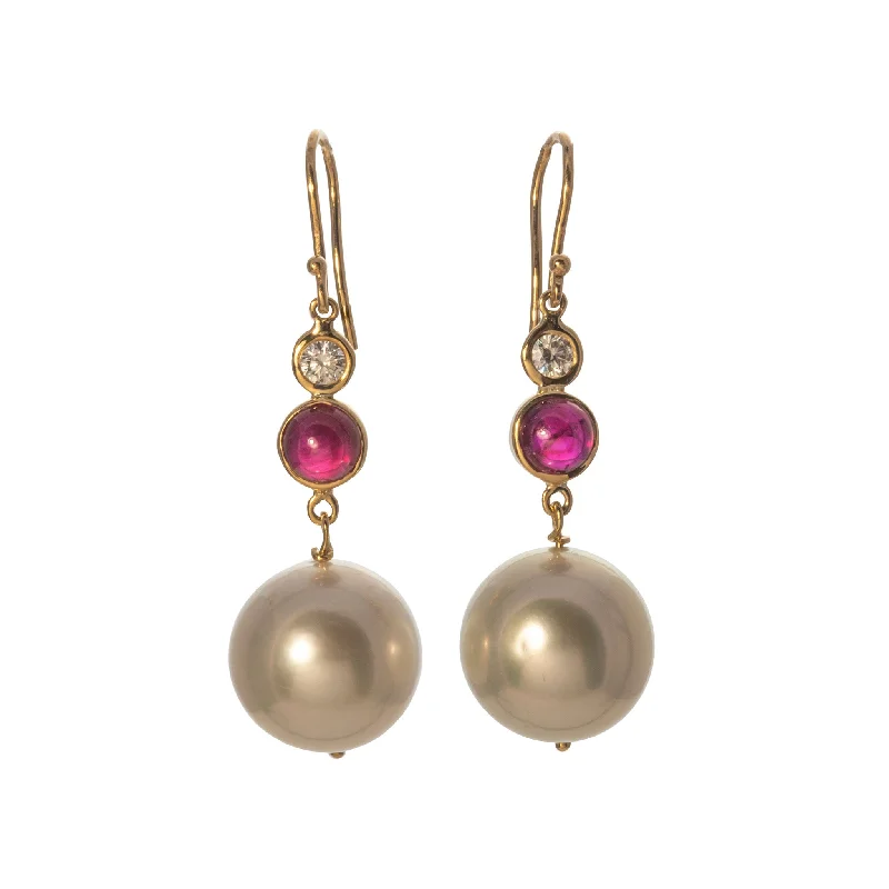 South Sea Pearl, Ruby & Diamond 18K Gold Drop Earrings